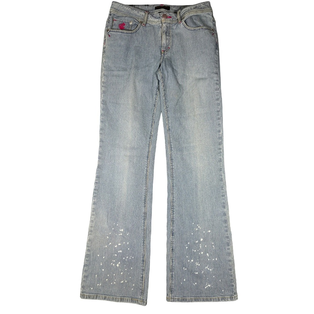 Vintage Rocawear Pinstripe Paint Splatter Flare Jeans Blue White Juniors Size 9